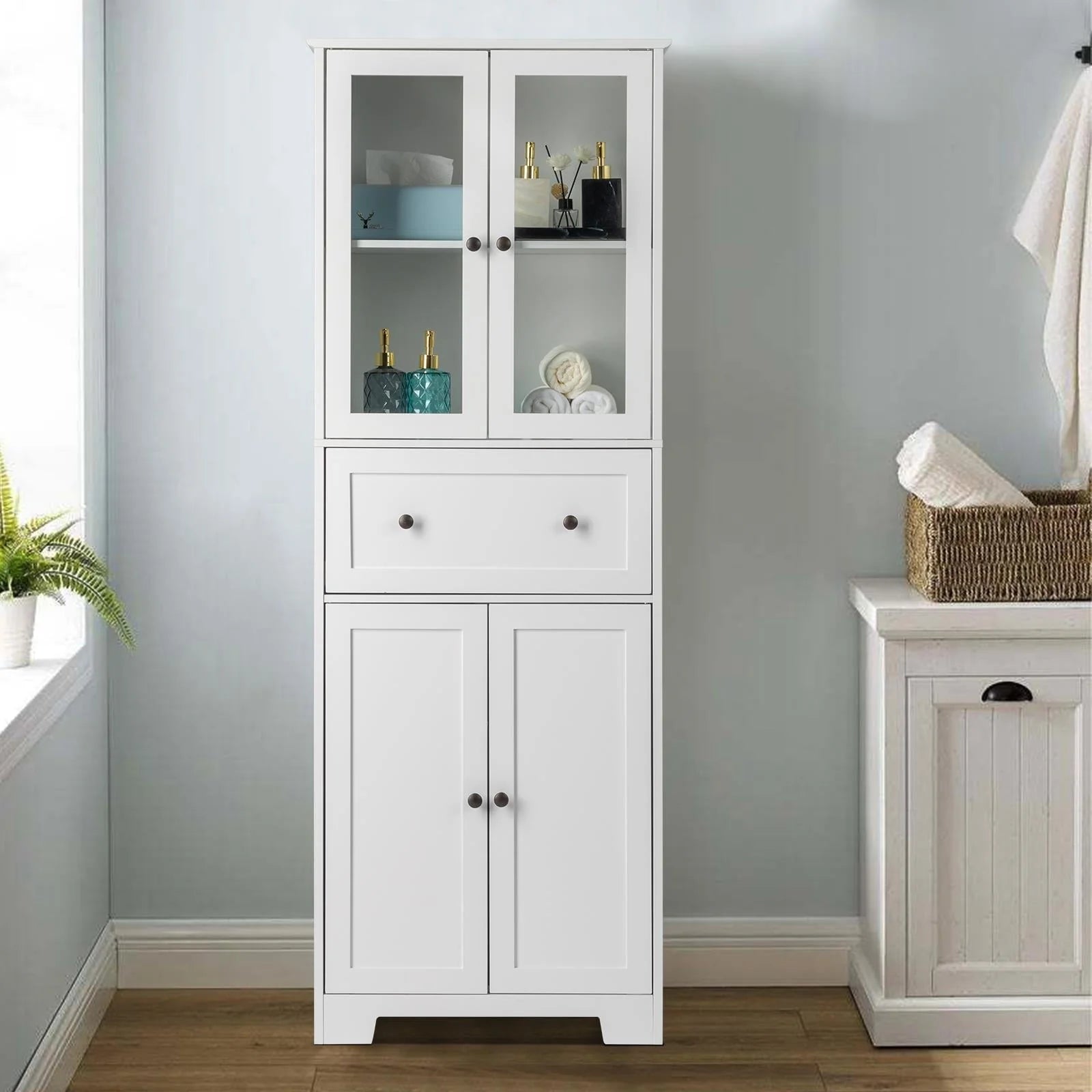 Ktaxon 64" Tall Bathroom Storage Cabinet Organizer, Freestanding Kitchen Pantry Cabinet Line Tower with 2 Glass Doors, Large Drawer & 4 Adjustable Shelves for Dining Room Living Room Home Office, White