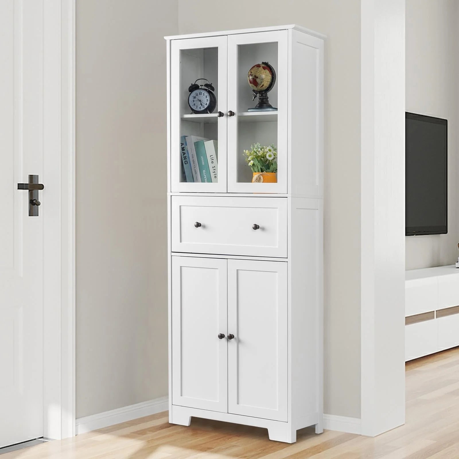 Ktaxon 64" Tall Bathroom Storage Cabinet Organizer, Freestanding Kitchen Pantry Cabinet Line Tower with 2 Glass Doors, Large Drawer & 4 Adjustable Shelves for Dining Room Living Room Home Office, White