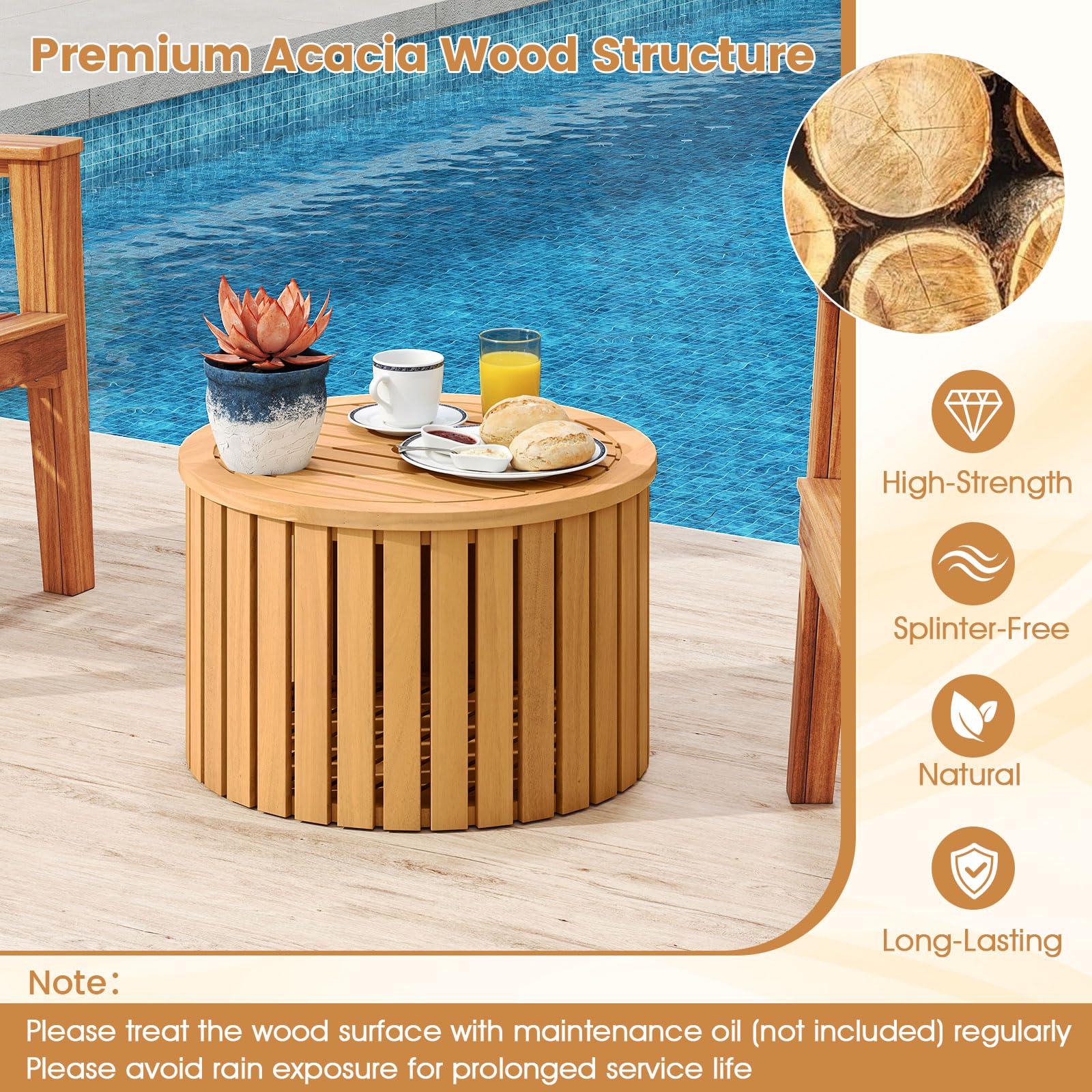 Tangkula 2-in-1 Outdoor Side Table with Storage Acacia Wood Slatted Coffee Table Square and Round Slatted End Storage Box