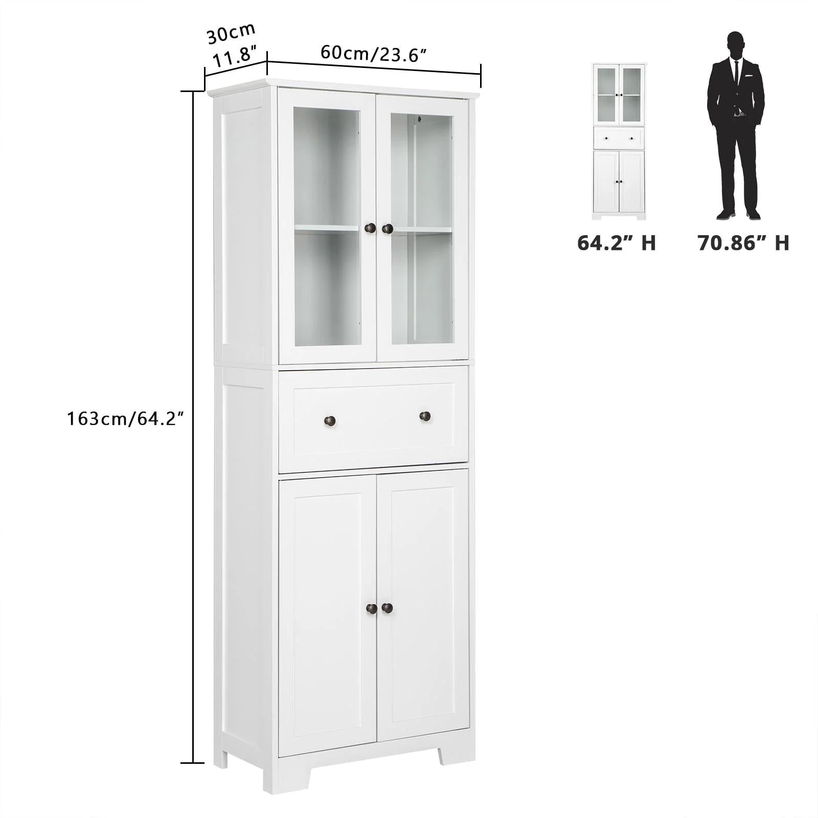 Ktaxon 64" Tall Bathroom Storage Cabinet Organizer, Freestanding Kitchen Pantry Cabinet Line Tower with 2 Glass Doors, Large Drawer & 4 Adjustable Shelves for Dining Room Living Room Home Office, White