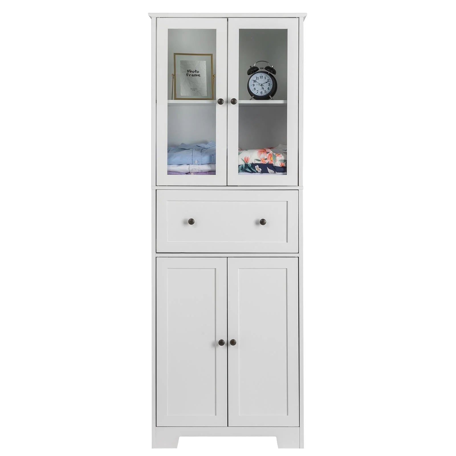 Ktaxon 64" Tall Bathroom Storage Cabinet Organizer, Freestanding Kitchen Pantry Cabinet Line Tower with 2 Glass Doors, Large Drawer & 4 Adjustable Shelves for Dining Room Living Room Home Office, White