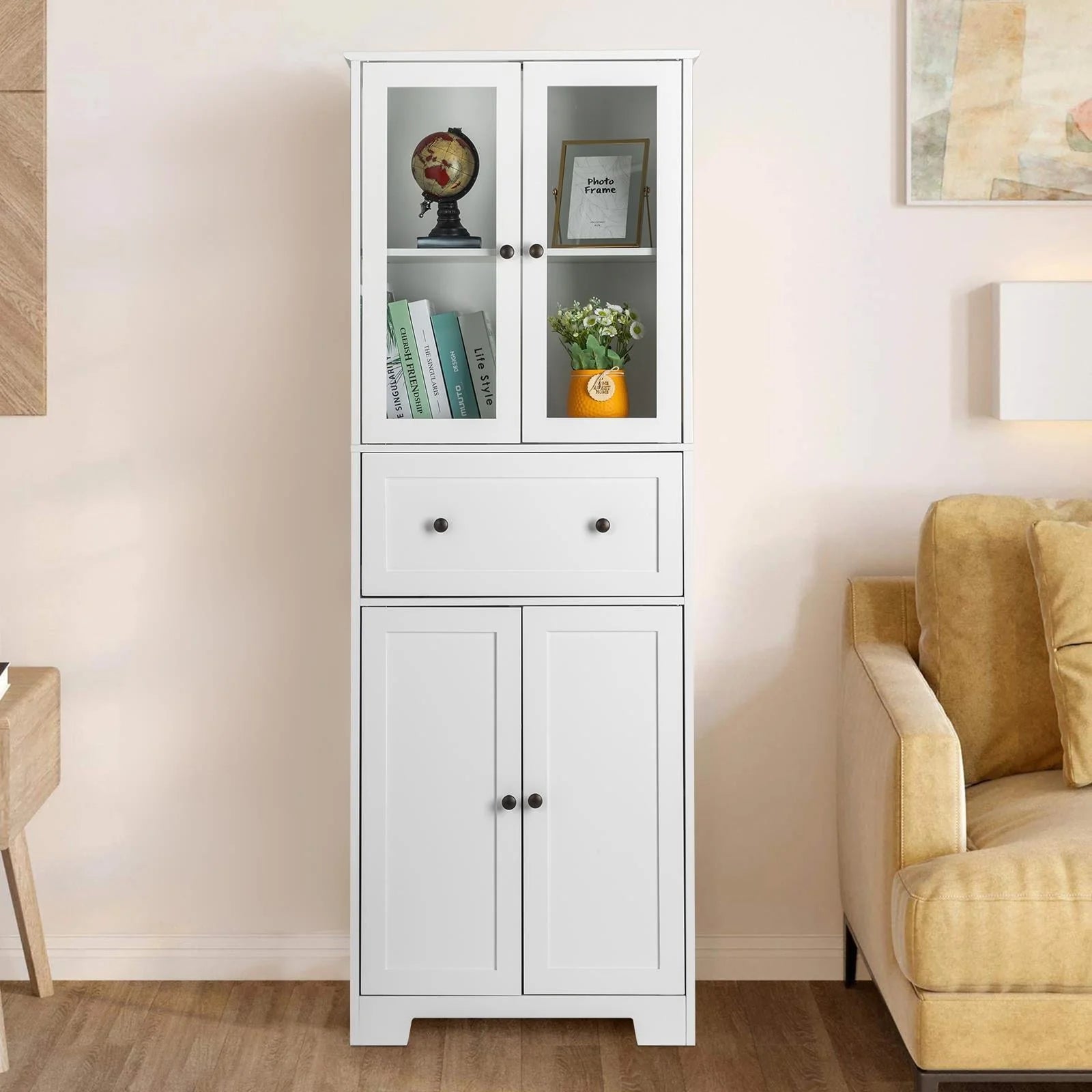 Ktaxon 64" Tall Bathroom Storage Cabinet Organizer, Freestanding Kitchen Pantry Cabinet Line Tower with 2 Glass Doors, Large Drawer & 4 Adjustable Shelves for Dining Room Living Room Home Office, White