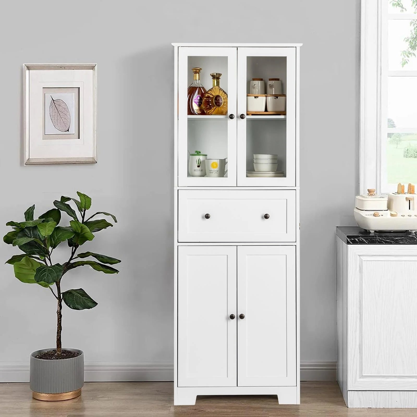 Ktaxon 64" Tall Bathroom Storage Cabinet Organizer, Freestanding Kitchen Pantry Cabinet Line Tower with 2 Glass Doors, Large Drawer & 4 Adjustable Shelves for Dining Room Living Room Home Office, White