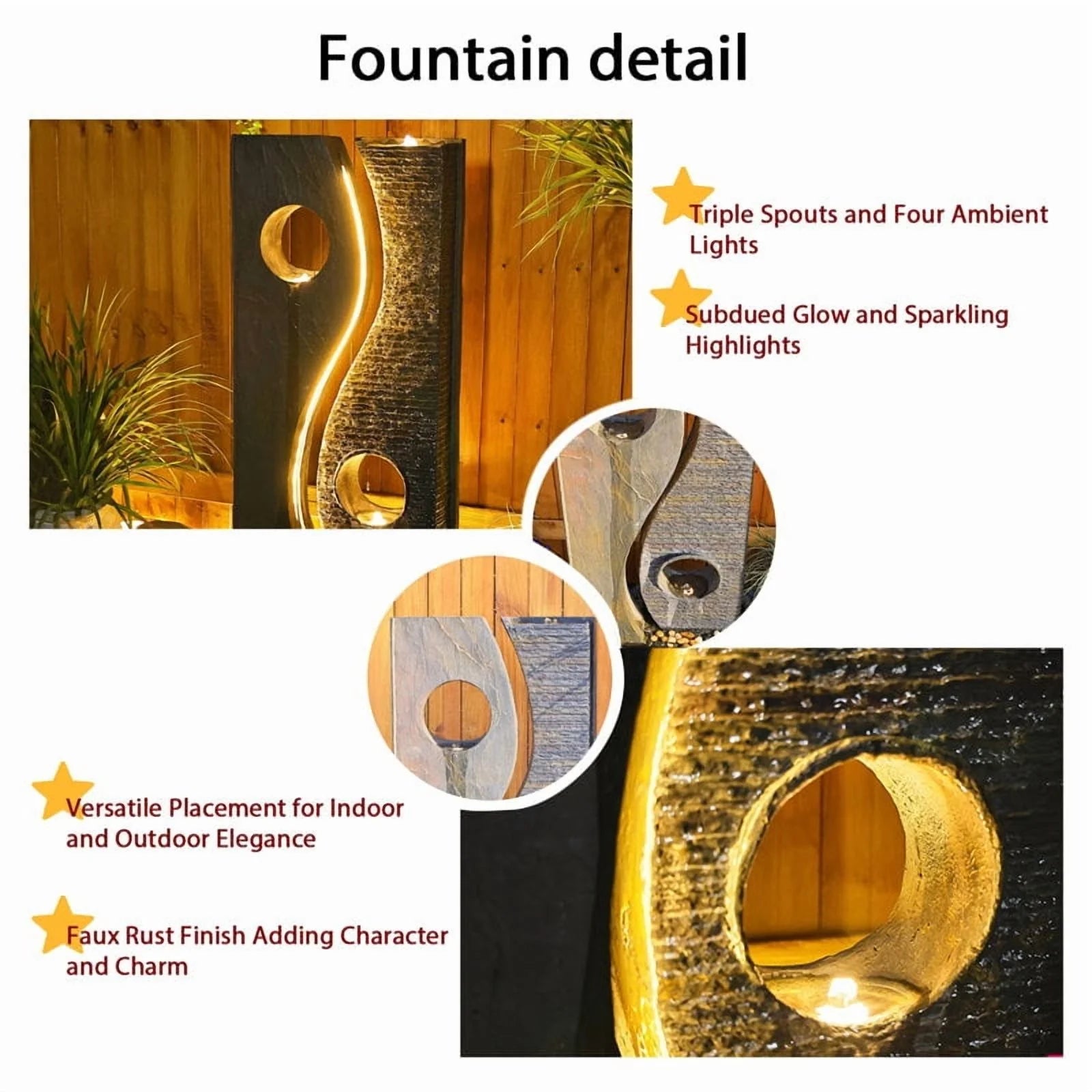 Water Feature Fountain Outdoor Garden Waterfall Faux Rust Finish with LED Lights for Patio Yard Pool Home Decor