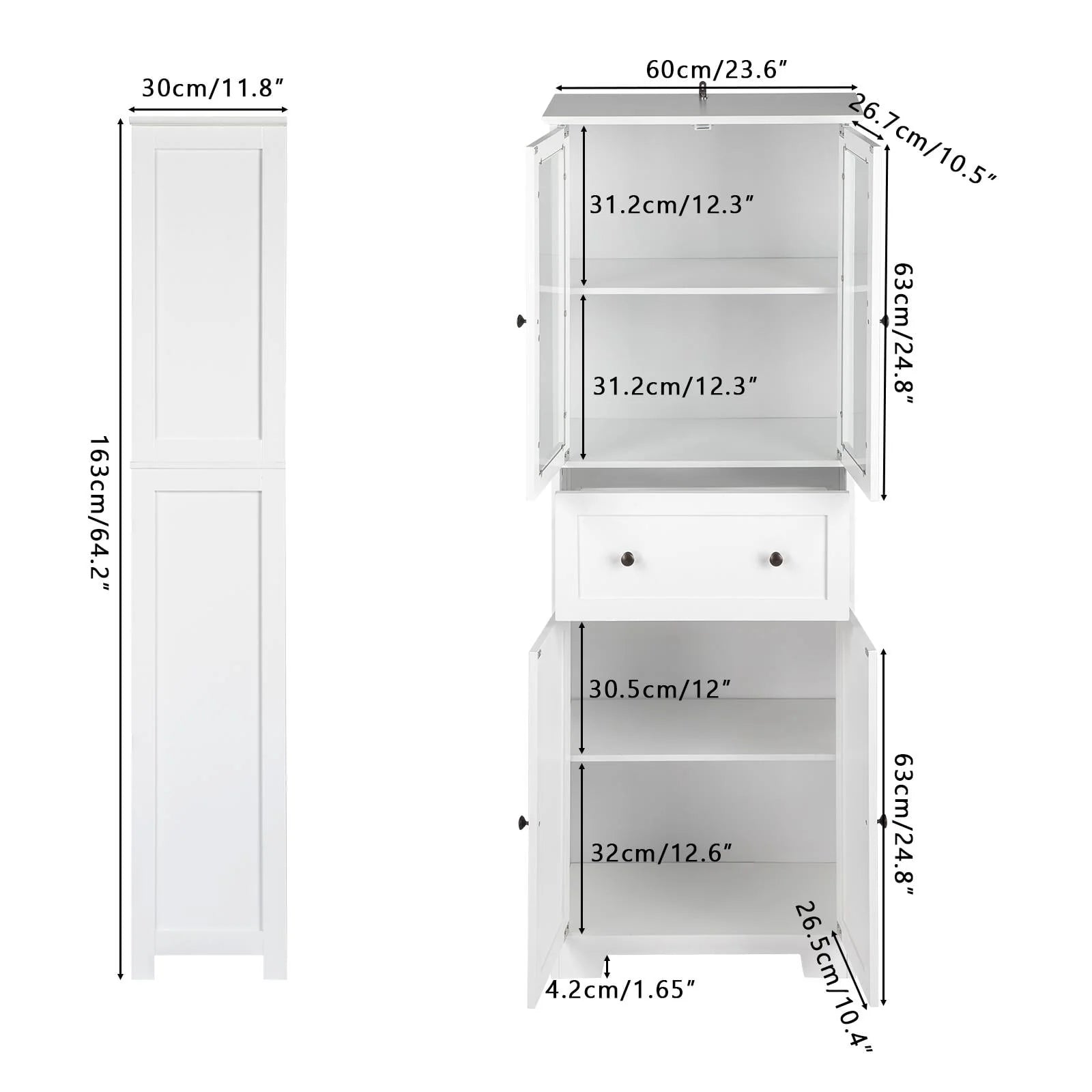 Ktaxon 64" Tall Bathroom Storage Cabinet Organizer, Freestanding Kitchen Pantry Cabinet Line Tower with 2 Glass Doors, Large Drawer & 4 Adjustable Shelves for Dining Room Living Room Home Office, White