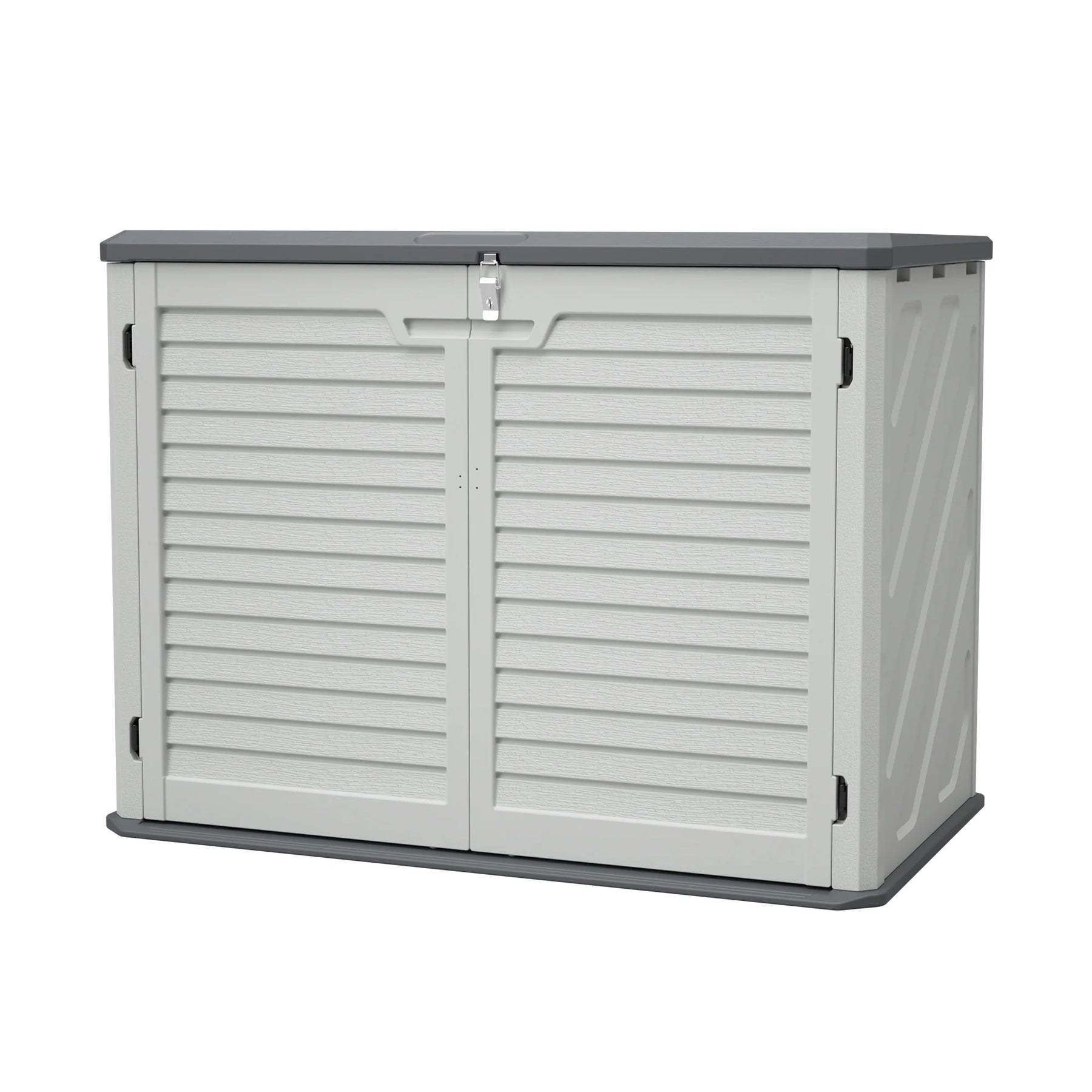 AECOJOY Horizontal Storage Shed with Removable Shelf, Lockable Outdoor Storage Cabinet – 28 Cu.ft, Ivory White