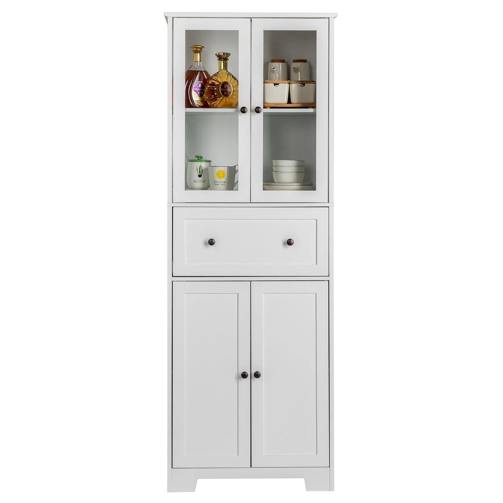 Ktaxon 64" Tall Bathroom Storage Cabinet Organizer, Freestanding Kitchen Pantry Cabinet Line Tower with 2 Glass Doors, Large Drawer & 4 Adjustable Shelves for Dining Room Living Room Home Office, White
