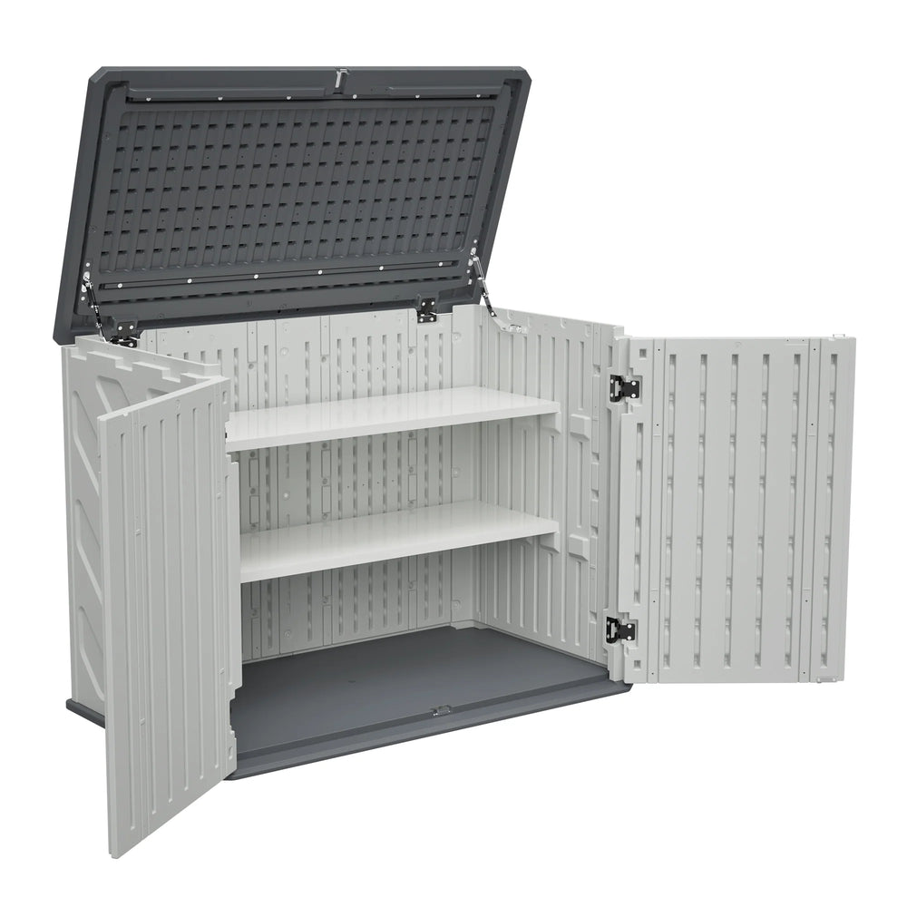 AECOJOY Horizontal Storage Shed with Removable Shelf, Lockable Outdoor Storage Cabinet – 28 Cu.ft, Ivory White