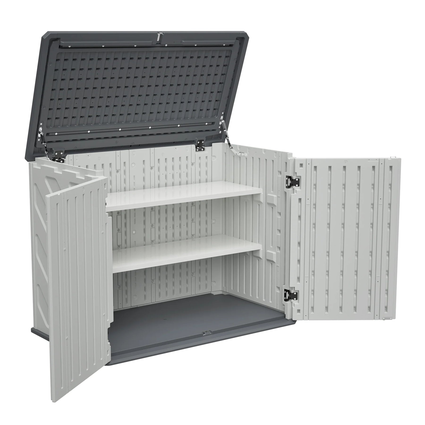 AECOJOY Horizontal Storage Shed with Removable Shelf, Lockable Outdoor Storage Cabinet – 28 Cu.ft, Ivory White