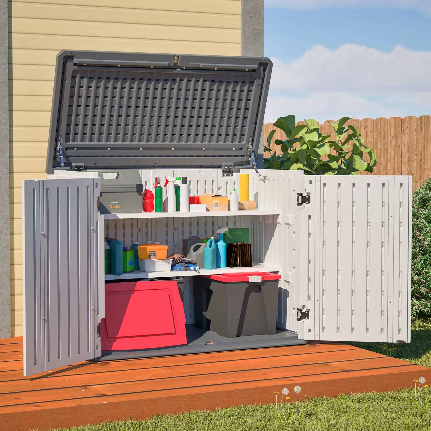AECOJOY Horizontal Storage Shed with Removable Shelf, Lockable Outdoor Storage Cabinet – 28 Cu.ft, Ivory White