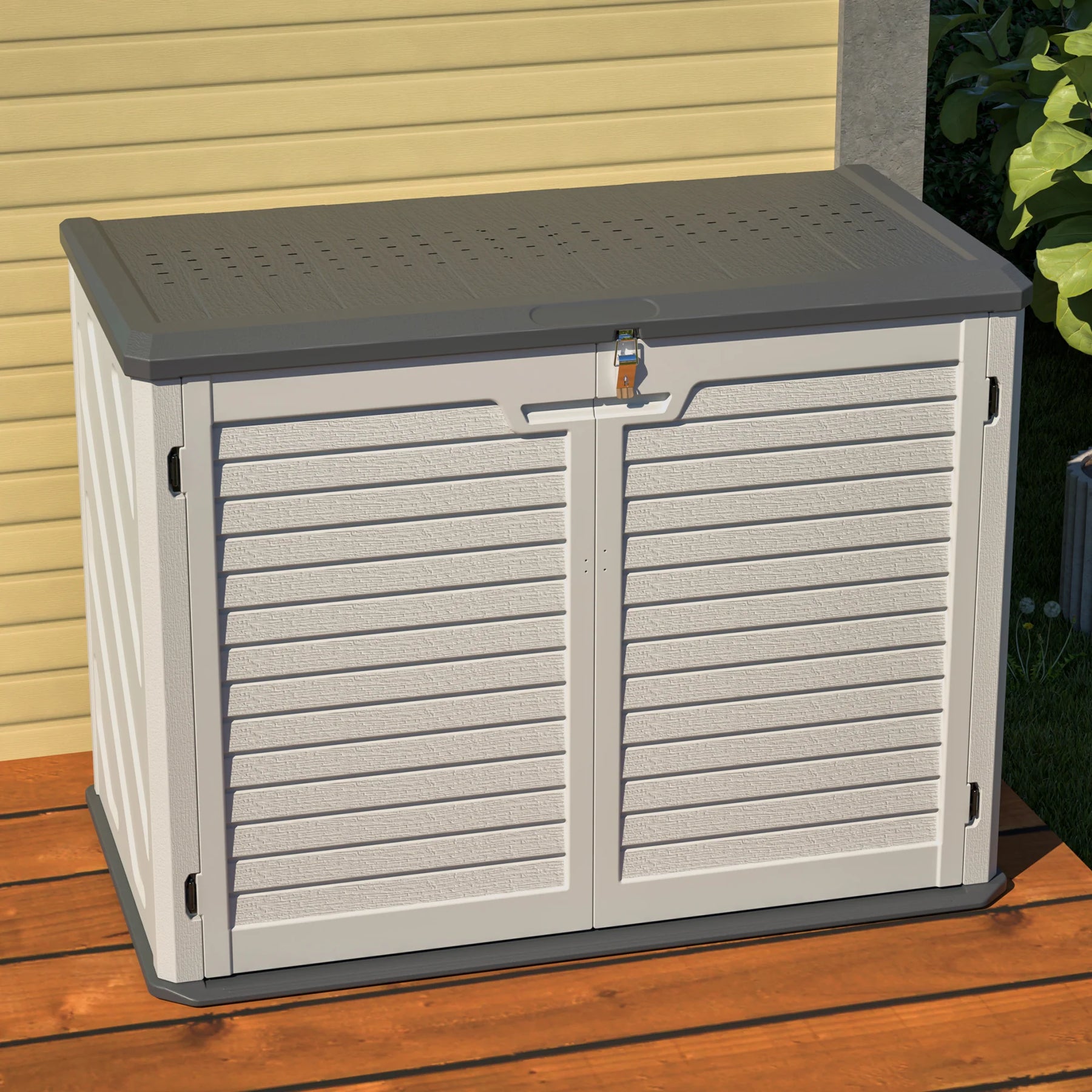 AECOJOY Horizontal Storage Shed with Removable Shelf, Lockable Outdoor Storage Cabinet – 28 Cu.ft, Ivory White