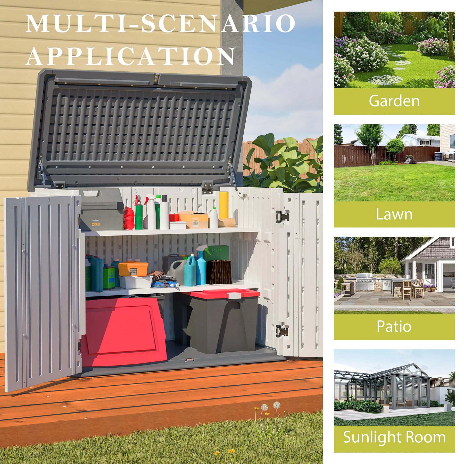 AECOJOY Horizontal Storage Shed with Removable Shelf, Lockable Outdoor Storage Cabinet – 28 Cu.ft, Ivory White