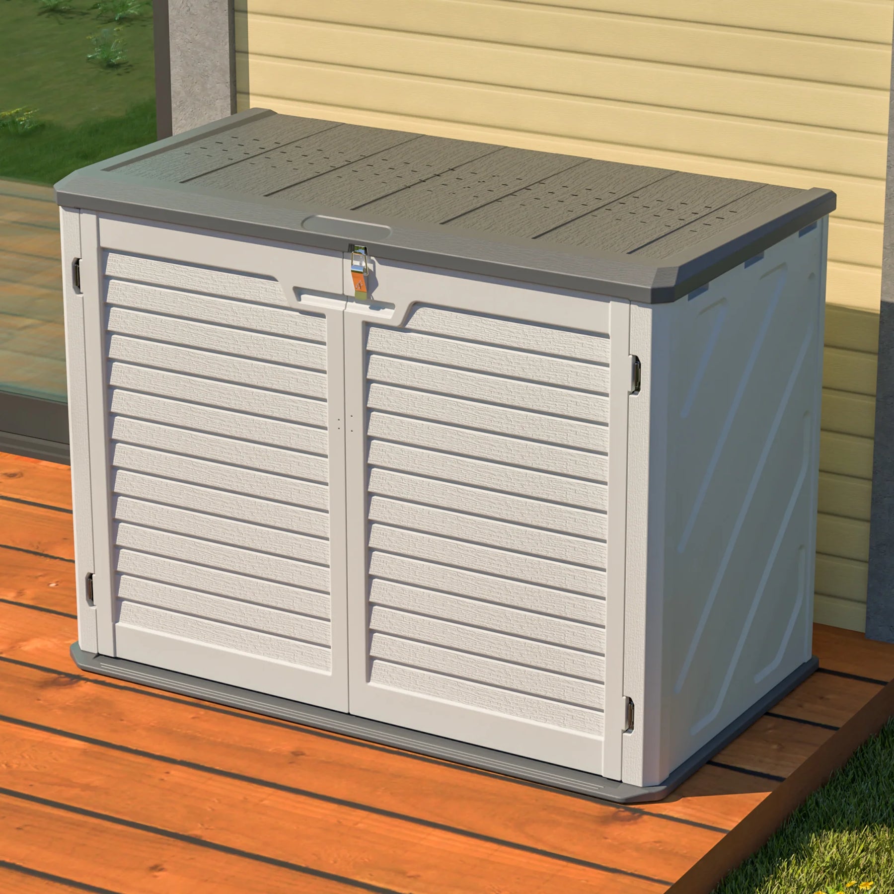 AECOJOY Horizontal Storage Shed with Removable Shelf, Lockable Outdoor Storage Cabinet – 28 Cu.ft, Ivory White