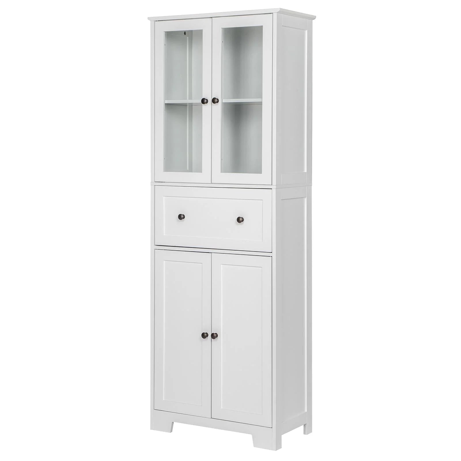 Ktaxon 64" Tall Bathroom Storage Cabinet Organizer, Freestanding Kitchen Pantry Cabinet Line Tower with 2 Glass Doors, Large Drawer & 4 Adjustable Shelves for Dining Room Living Room Home Office, White