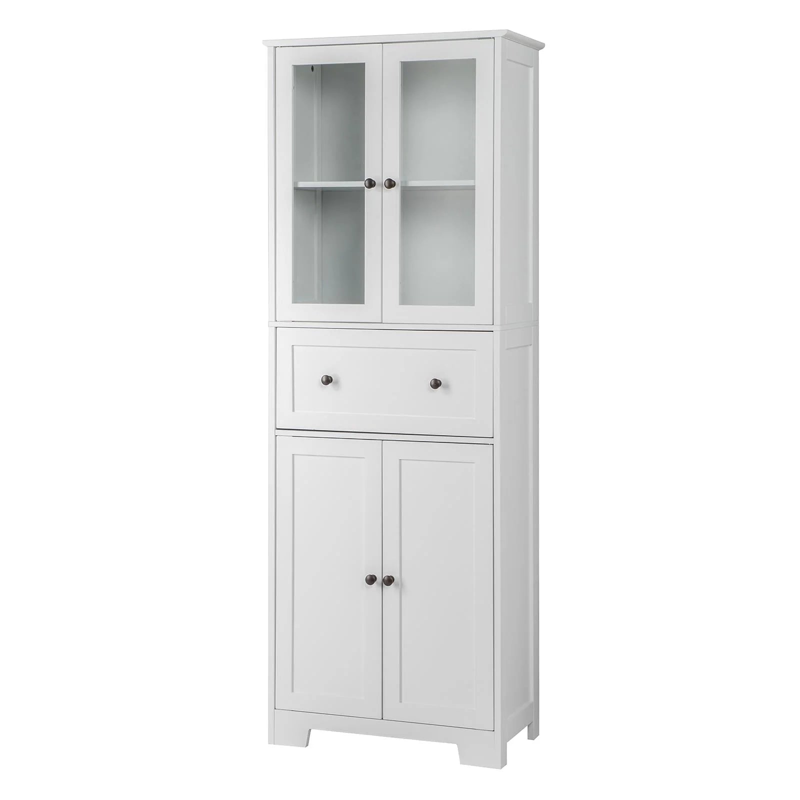 Ktaxon 64" Tall Bathroom Storage Cabinet Organizer, Freestanding Kitchen Pantry Cabinet Line Tower with 2 Glass Doors, Large Drawer & 4 Adjustable Shelves for Dining Room Living Room Home Office, White