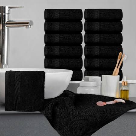 White Classic Luxury Cotton 12 PC Washcloth Set, Hotel Style Small Bath Towel and Face Cloth 13x13, Black Soft Plush Washcloth Pack of 12, Thick High