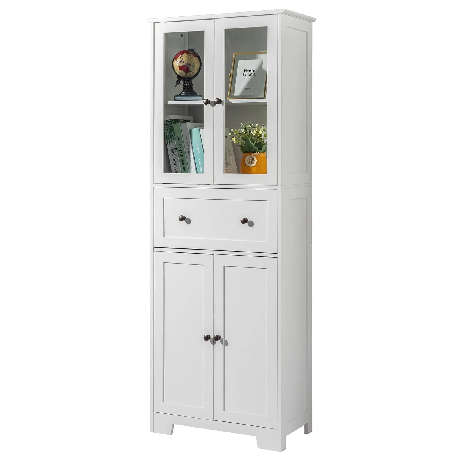 Ktaxon 64" Tall Bathroom Storage Cabinet Organizer, Freestanding Kitchen Pantry Cabinet Line Tower with 2 Glass Doors, Large Drawer & 4 Adjustable Shelves for Dining Room Living Room Home Office, White