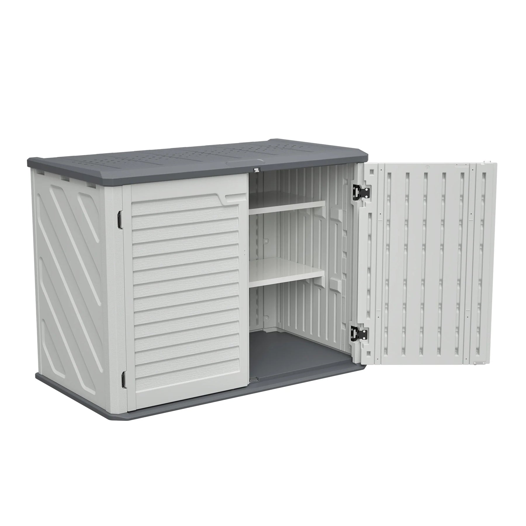 AECOJOY Horizontal Storage Shed with Removable Shelf, Lockable Outdoor Storage Cabinet – 28 Cu.ft, Ivory White