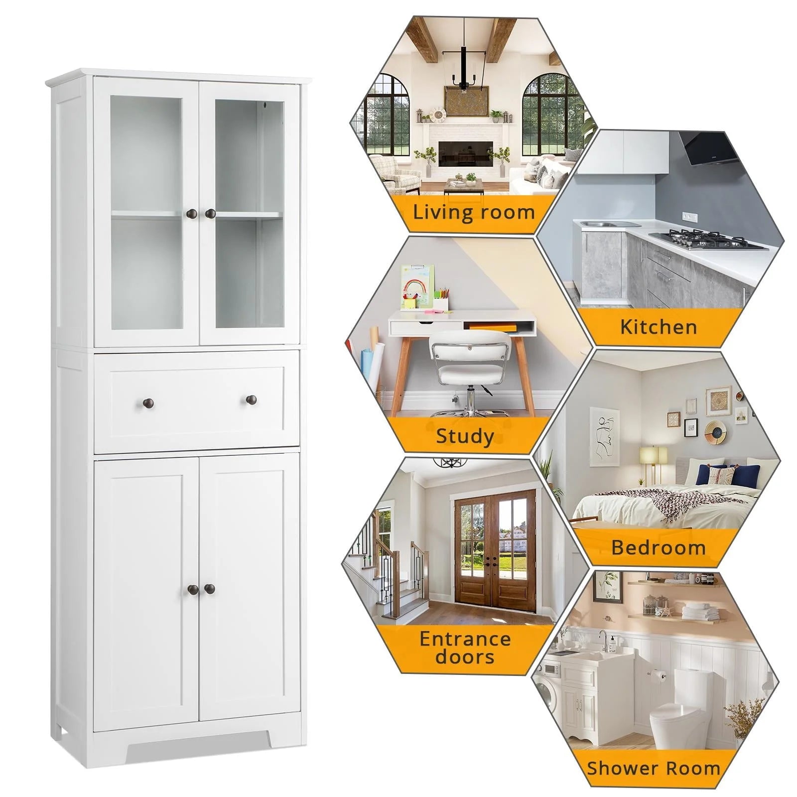 Ktaxon 64" Tall Bathroom Storage Cabinet Organizer, Freestanding Kitchen Pantry Cabinet Line Tower with 2 Glass Doors, Large Drawer & 4 Adjustable Shelves for Dining Room Living Room Home Office, White